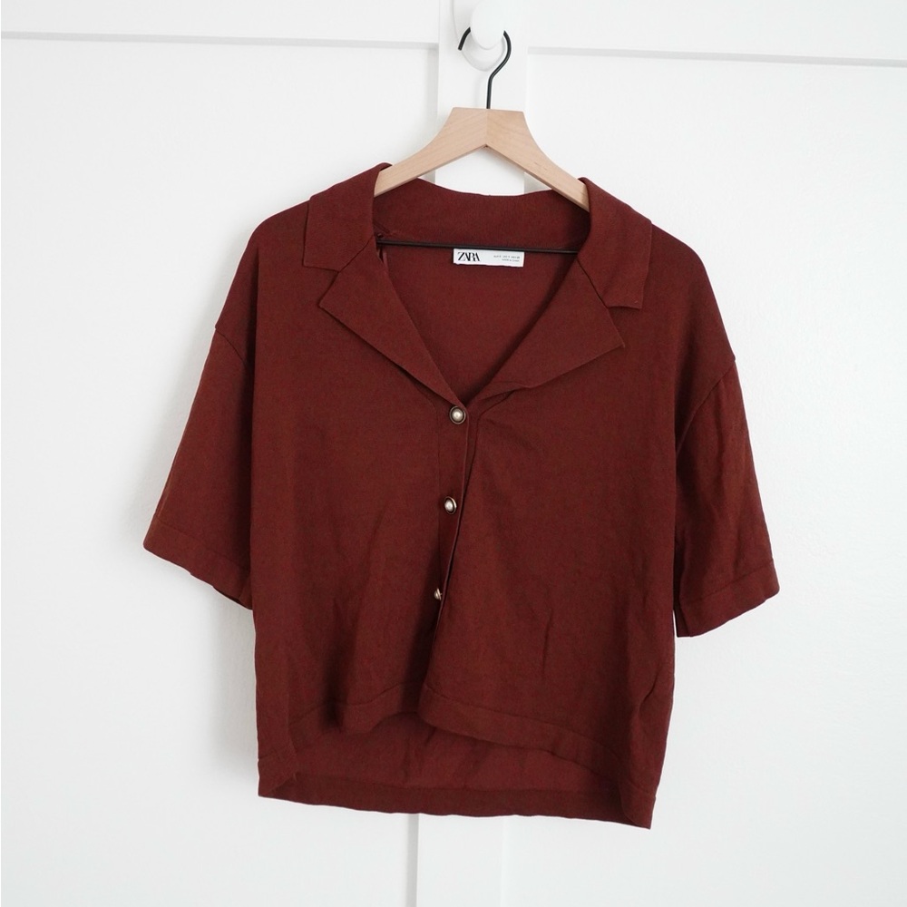 Zara Brown Button Down Knit Top